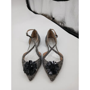 J.Crew Size 8 M Black White Pointy Audrey Sadie Cross Strap G7881 Flat Shoes